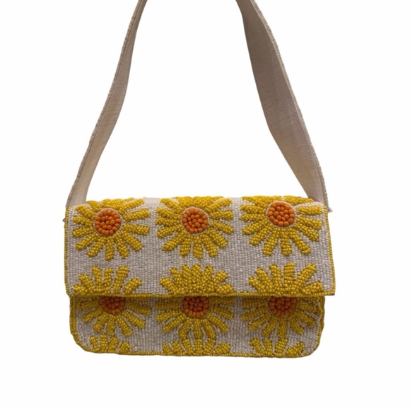 Sol And Mer Handbags - Sunflower Beaded Shoulder Bag - Yellow and White